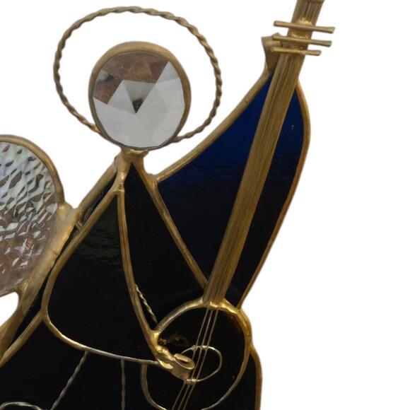 Vintage Stained Glass Angel Figurine AS IS Guitar Music Musician Blue Brown - Picture 16 of 16